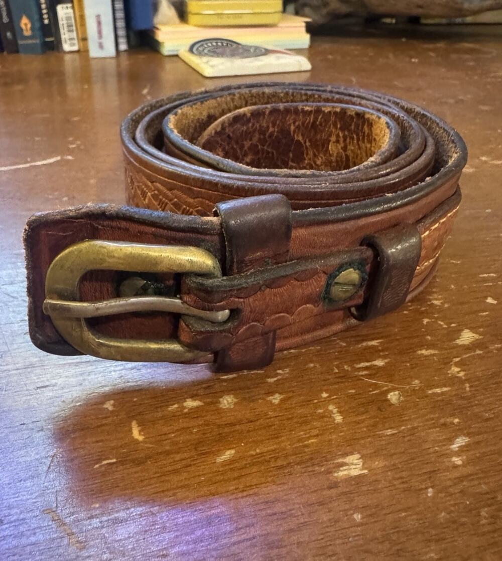 Vintage Cabela's Tooled Leather Ranger Belt Solid Brass Stamped 42 Measures 46